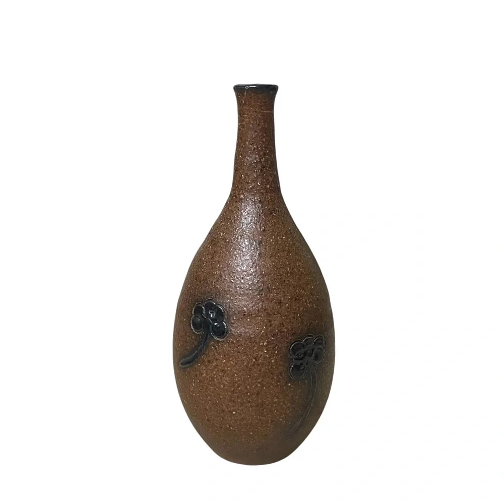 Hand Crafted Brown Vase with Black Floral Design